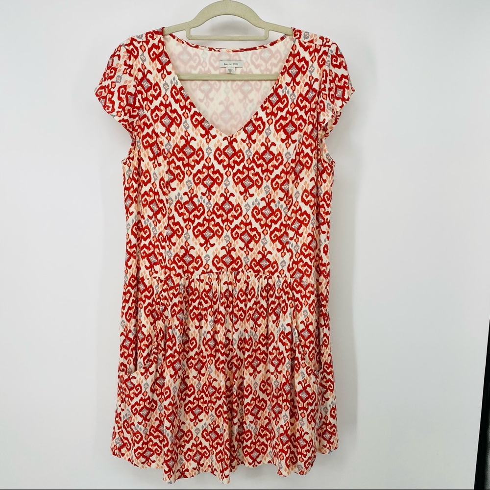 Garnet Hill Red and White Patterned V-Neck Cap Sleeve Dress